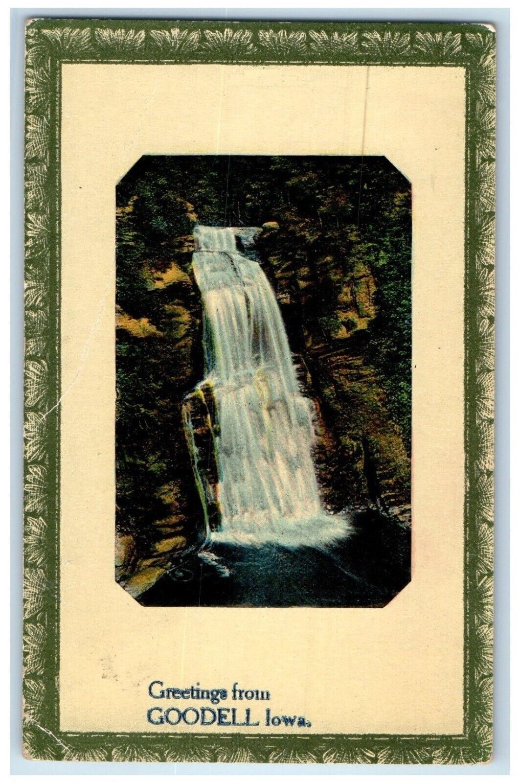 1911 Greetings From Goodwell Iowa IA, Waterfalls View Posted Antique Postcard