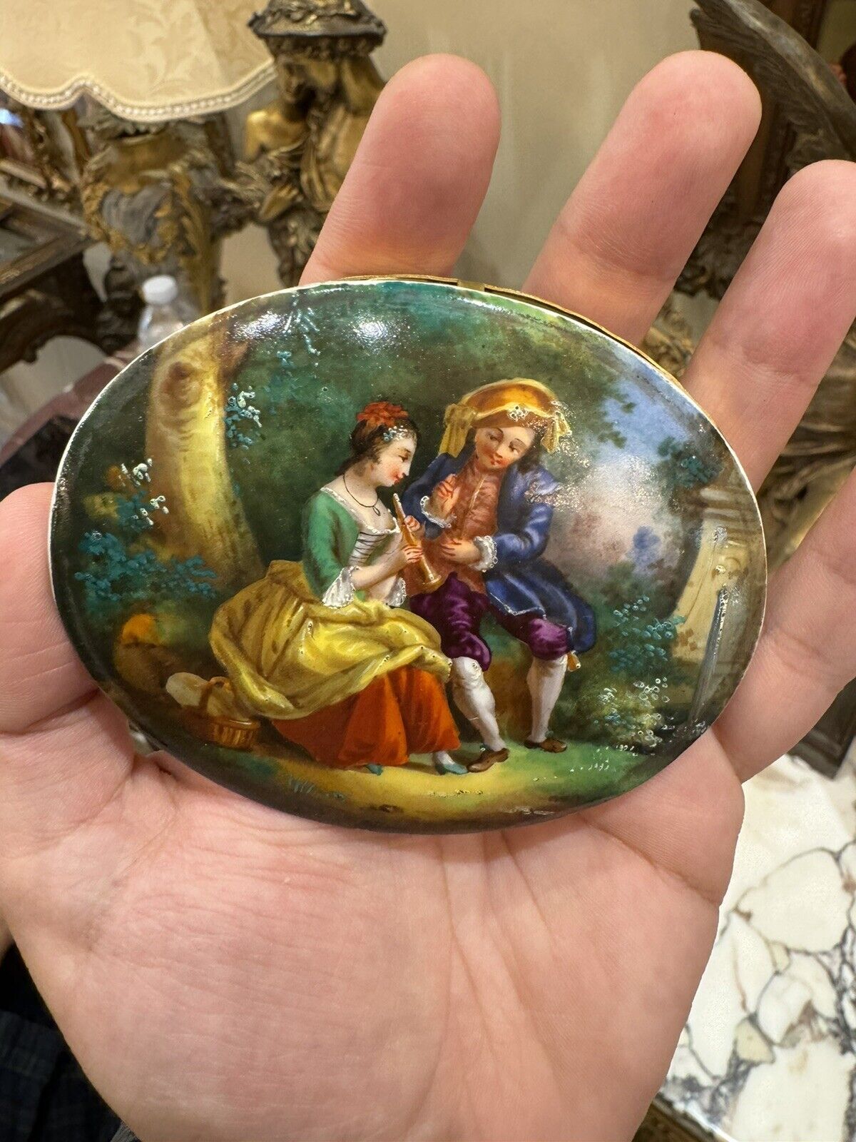 A Lovely Miniature Antique Oval Porcelain Plaque Painting Couple Playing Music
