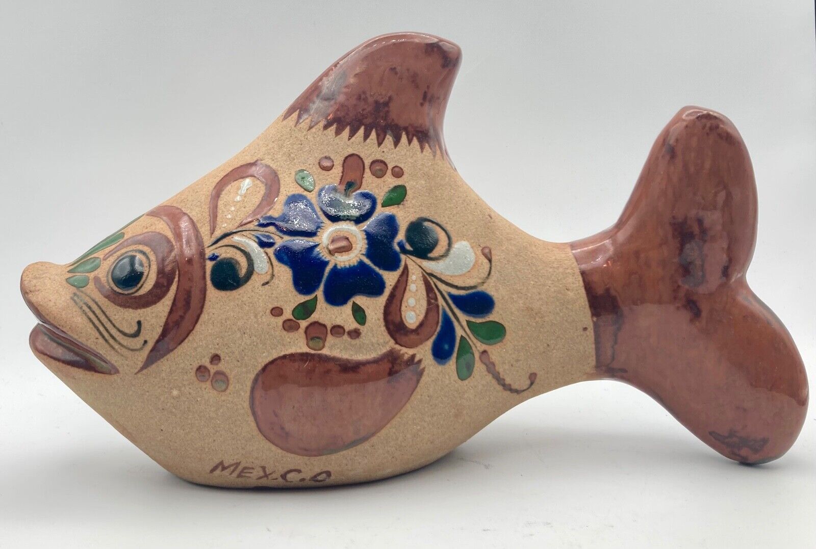 Tonala Fish Figurine Mexican Pottery Vintage Artist Signed Glazed Mexico 