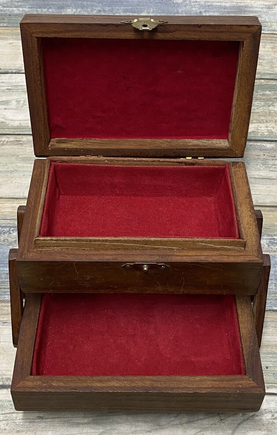 Beautiful Vintage Handmade Wooden Box w/ Hinged Lid Trinkets Jewelry Storage