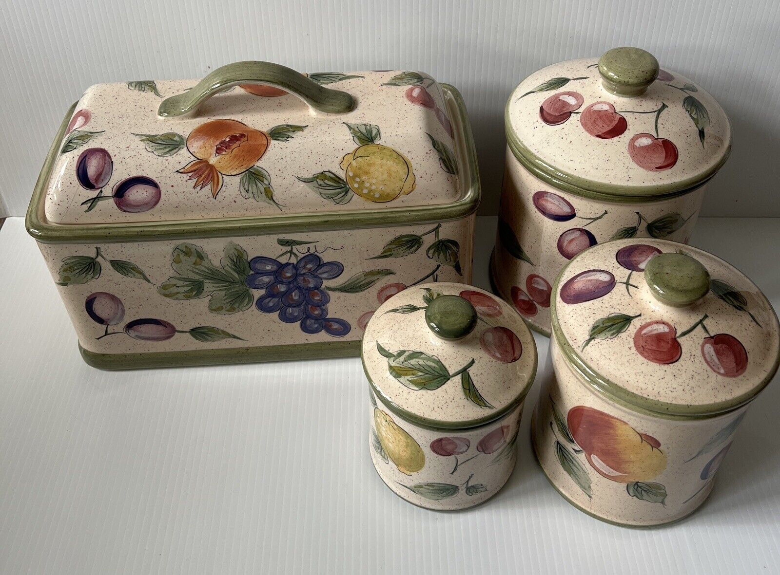 Vintage Lillian Vernon Bread Box Canisters Fruit Prints Handpainted Cherry Apple