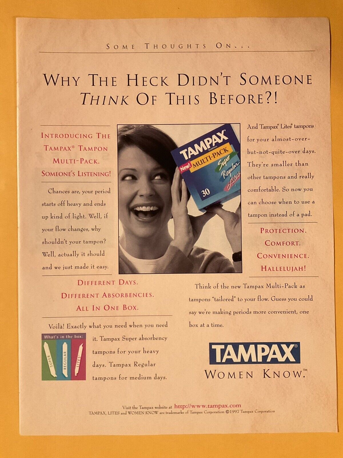 1997 Tampax Tampons Print Ad Multi Pack Happy Women Know  Orig VTG 97-1
