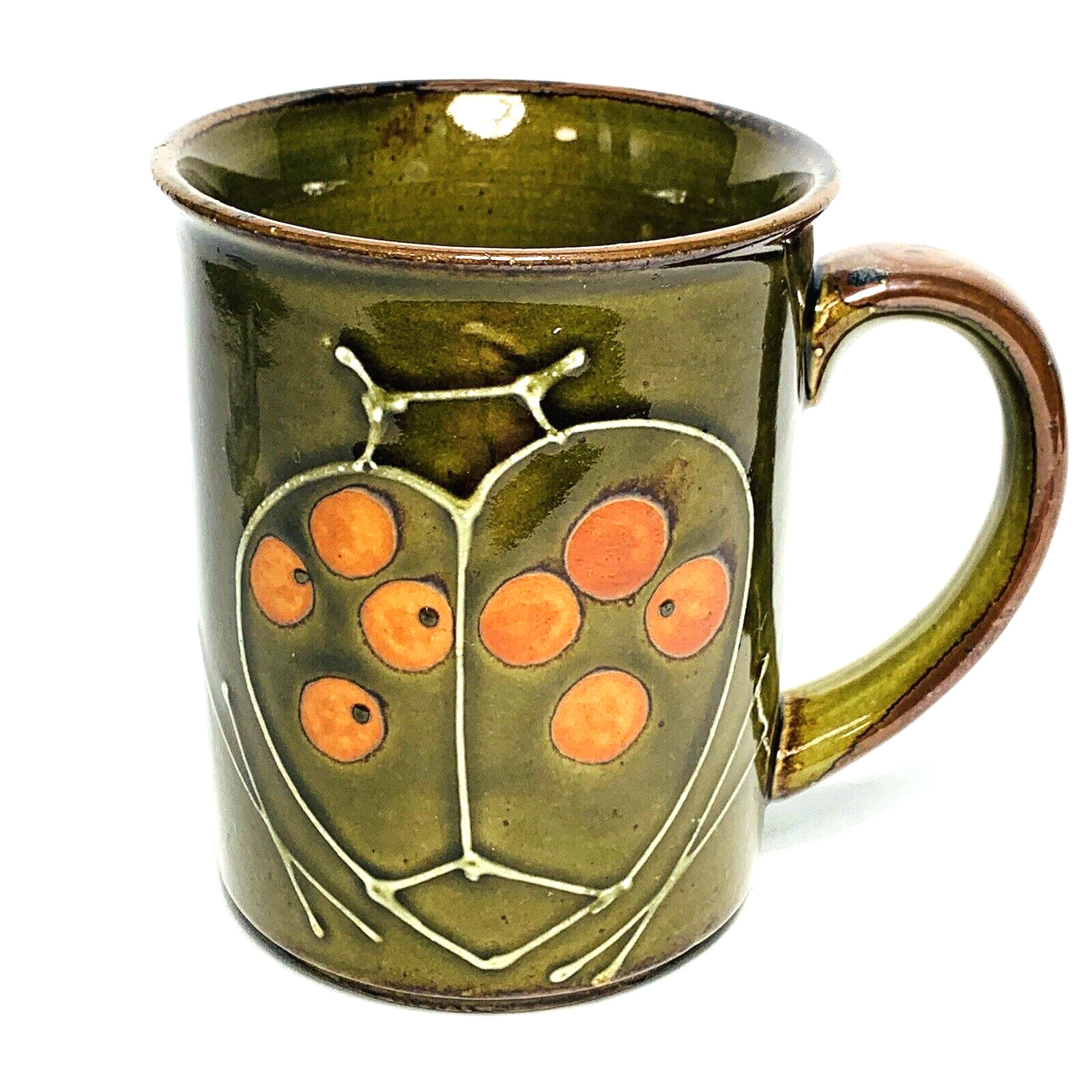 LADY BUG COFFEE MUG CUP Stoneware Ceramic Olive Green Orange Spots Vintage Brown