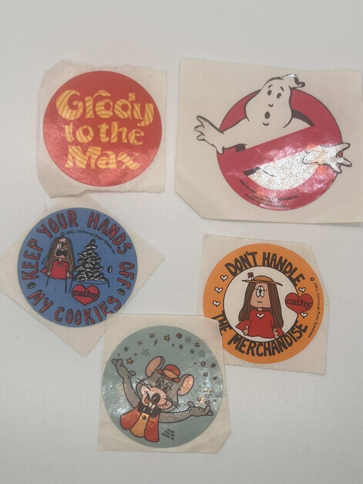 Five Vintage 80’s Stickers Ghost Buster, Cathy, Chuck E Cheese, Grody To The Max