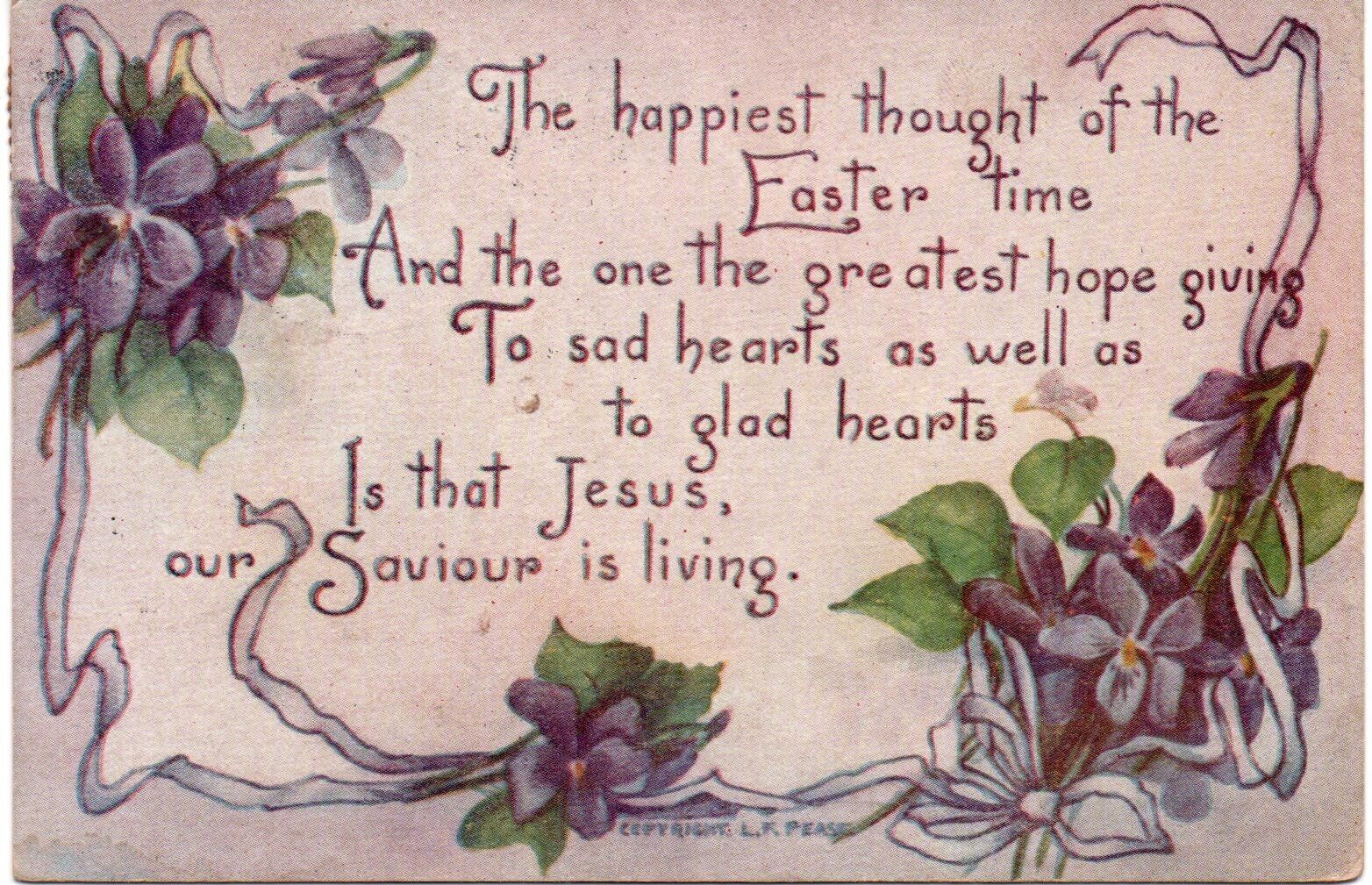 Vintage Easter Postcard 1910 Posted Religious Saying, Purple flowers L. F. Pease