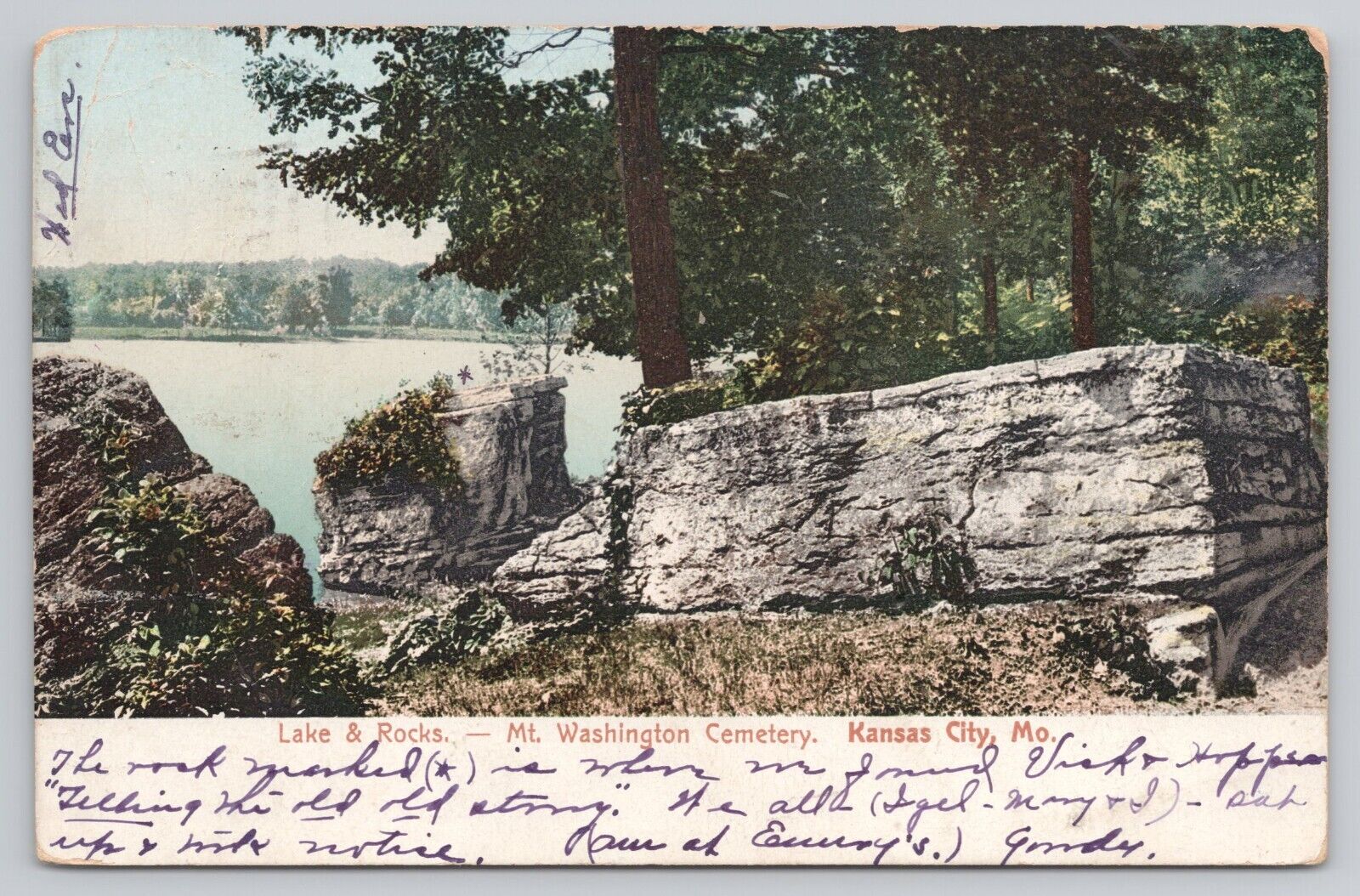 Postcard Kansas City MO Missouri Mt Washington Cemetery Lake & Rocks Posted 1906