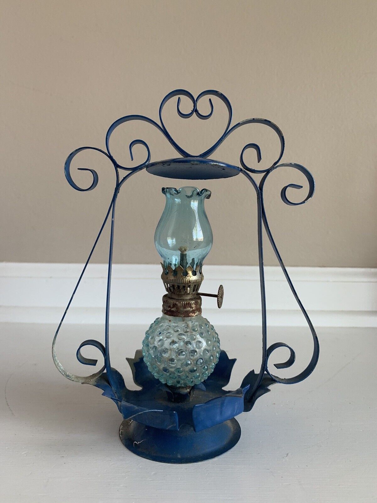 Vintage Miniature Blue Hobnail Glass & Metal Lantern 7.5”