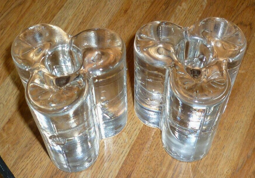 2 OLDER TALL GLASS 3 LOBED COLUMN CANDLE HOLDERS / INKWELLS  3 1/2\