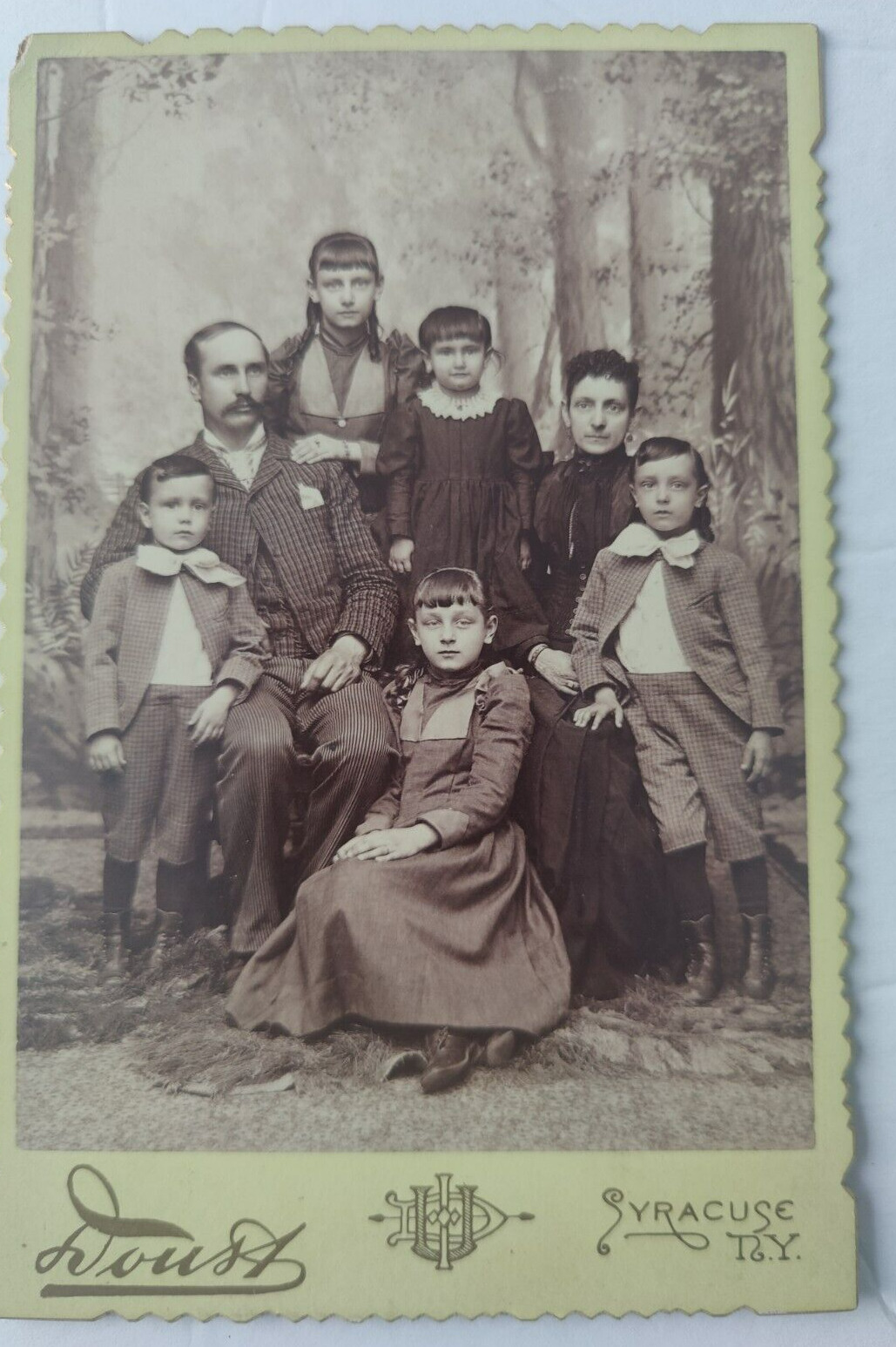 Vintage Cabinet Card Family with 5 children by J.U. Douss in Syracuse, New York