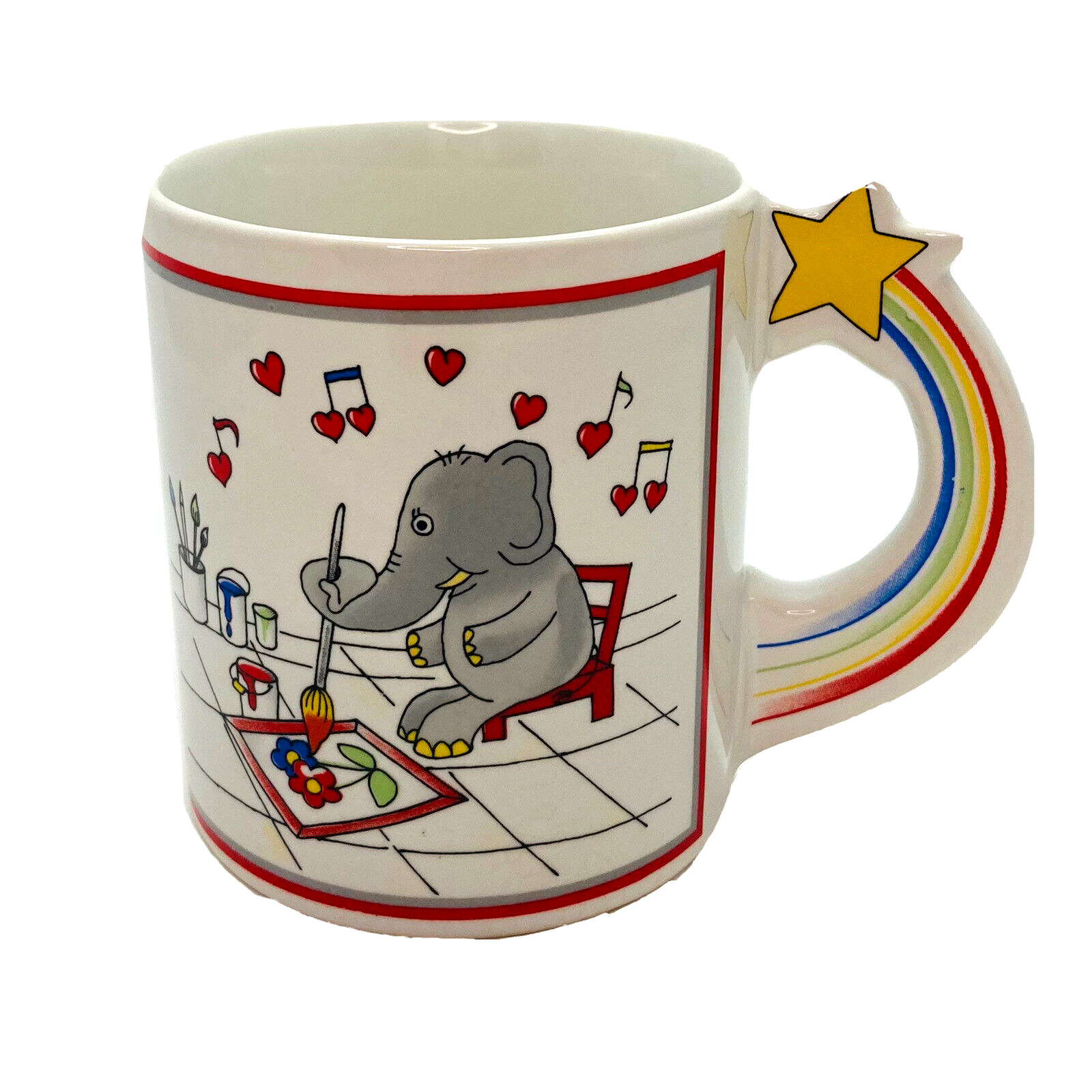 Vintage Artsy Painting Elephant Musical Hearts & Stars Handled Mug JAPAN