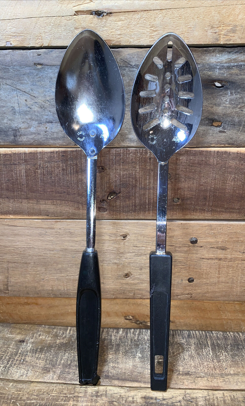Pair Vintage Foley Chrome  Slotted Serving~Cooking Spoons Black Handle USA 12\