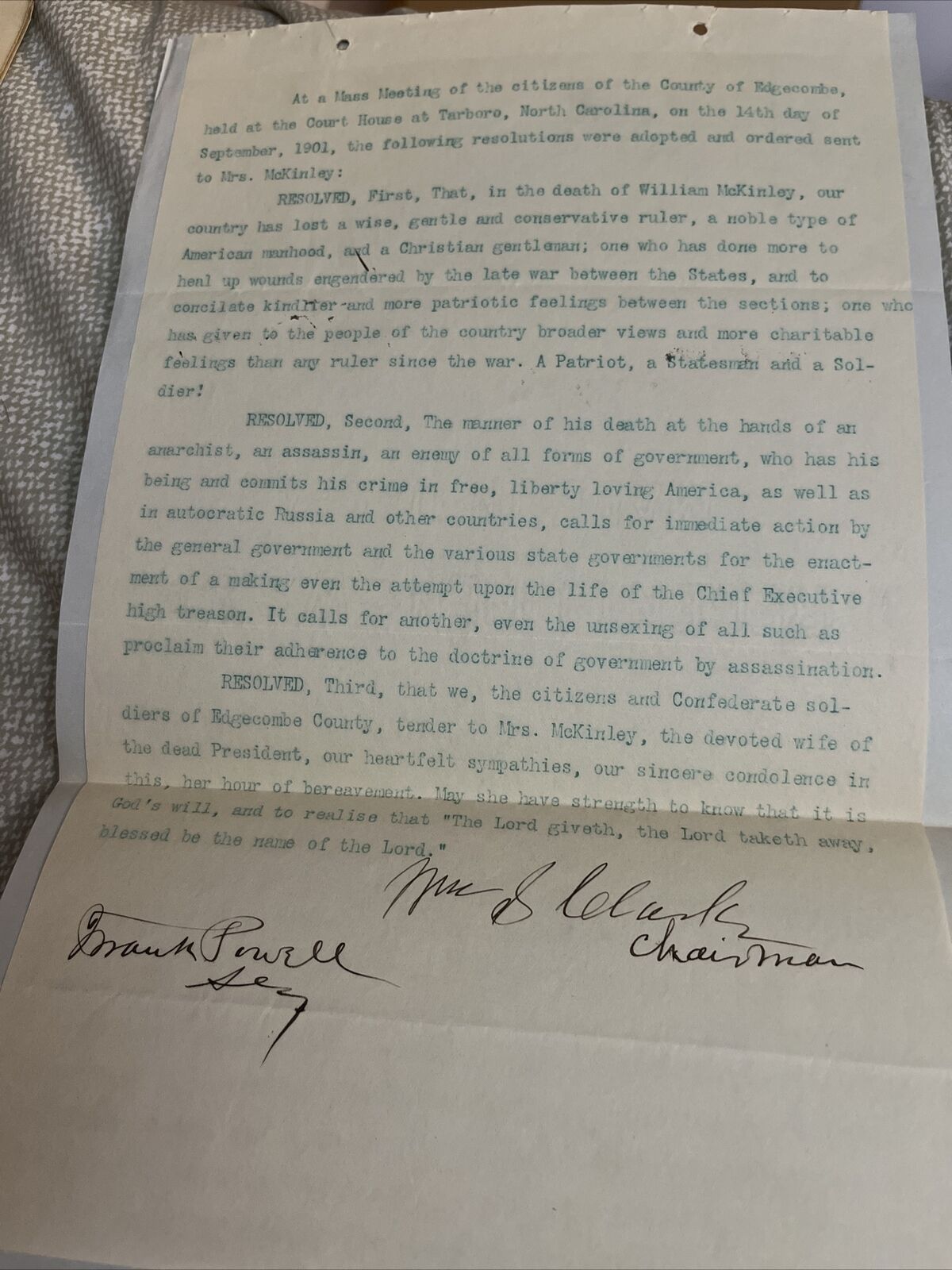 1901 Edgecombe County NC Confederate Resolution President McKinley Assassination