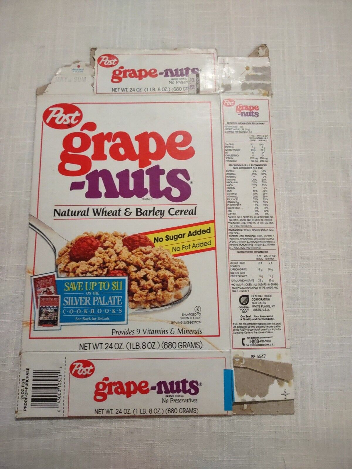 Vintage 1989 Post Raisin Grape Nuts Cereal Box Flat Empty~Used~Cookbook Offer