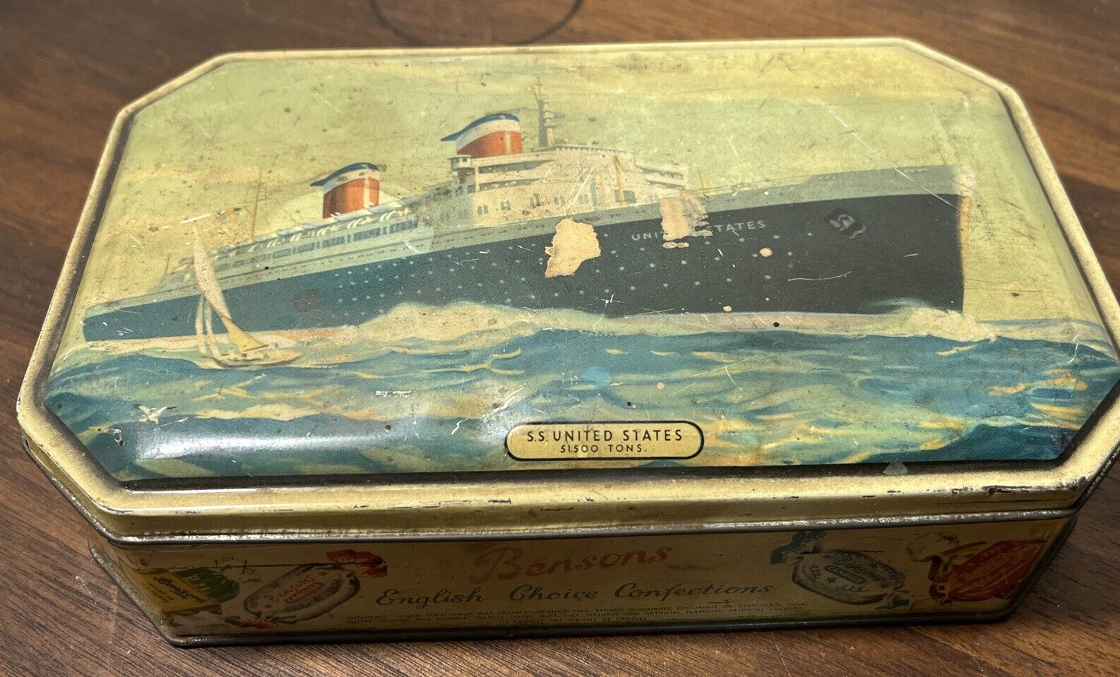 Vtg Bensons Confectionery English Toffee Candy Tin S.S. United States 51.500Tons
