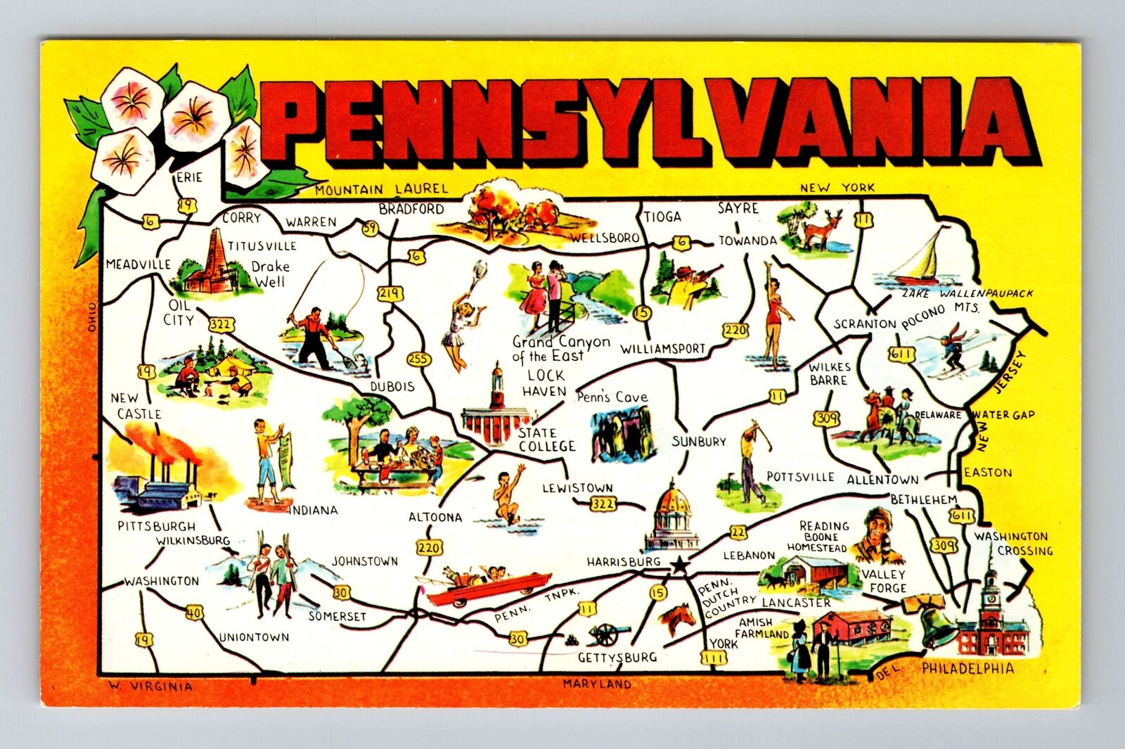 PA-Pennsylvania, General Greetings, State Road Map, Antique Vintage Postcard