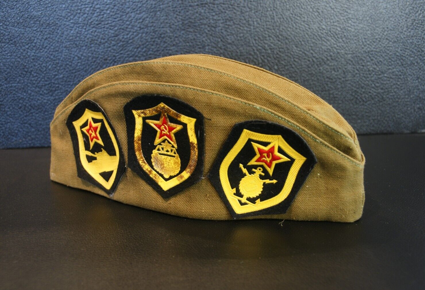 USSR Soviet Russian Military Pilotka Cap with 21 Badges, Pins, Patches; Size 57