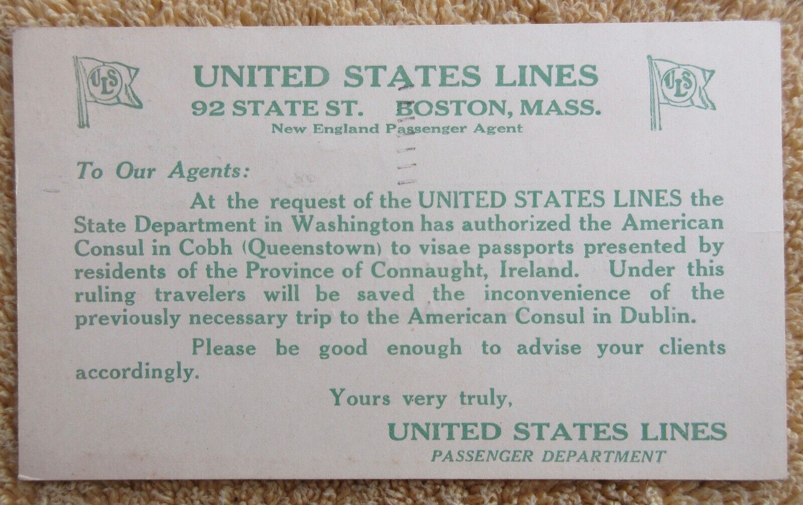 VINTAGE 1922 UNITED STATES LINES POSTCARD TO AGENTS