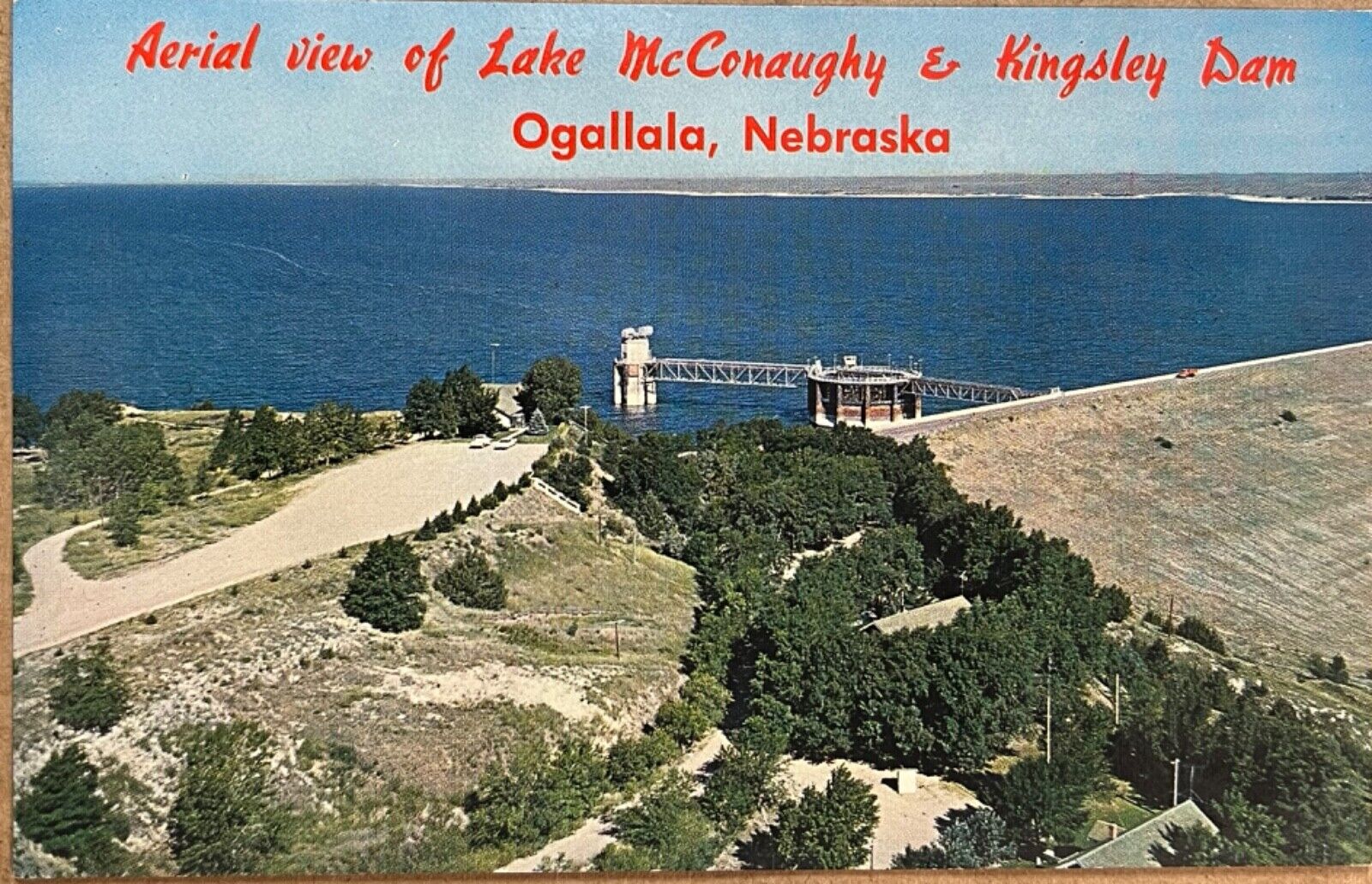Ogallala Nebraska Lake McConaughy Kingsley Dam Aerial Postcard c1970
