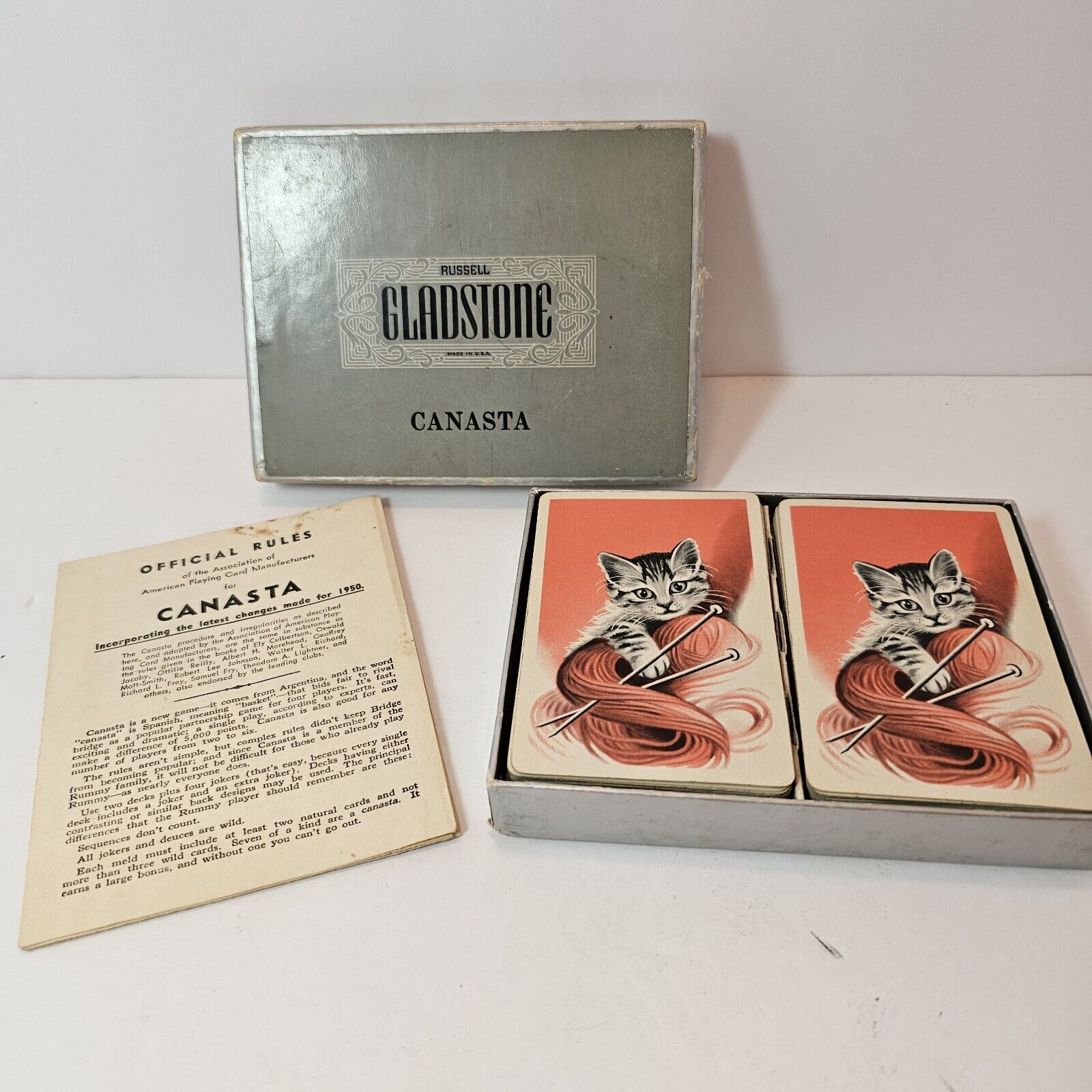 Vintage Russell Gladstone Canasta Double Deck of Cards Kittens Cats Yarn Canasta