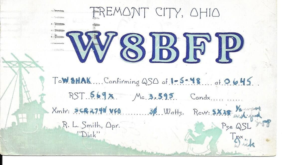 QSL 1948 Fremont City Ohio    radio card