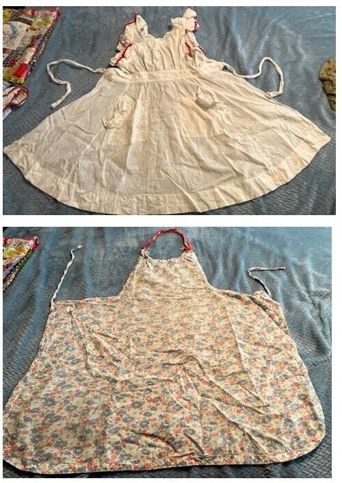 2 Vintage Aprons Homemade One Flowered One Ruffled