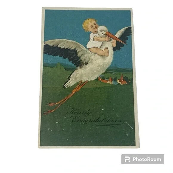 Postcard Hearty Congratulations Baby Riding Stork Vintage A166