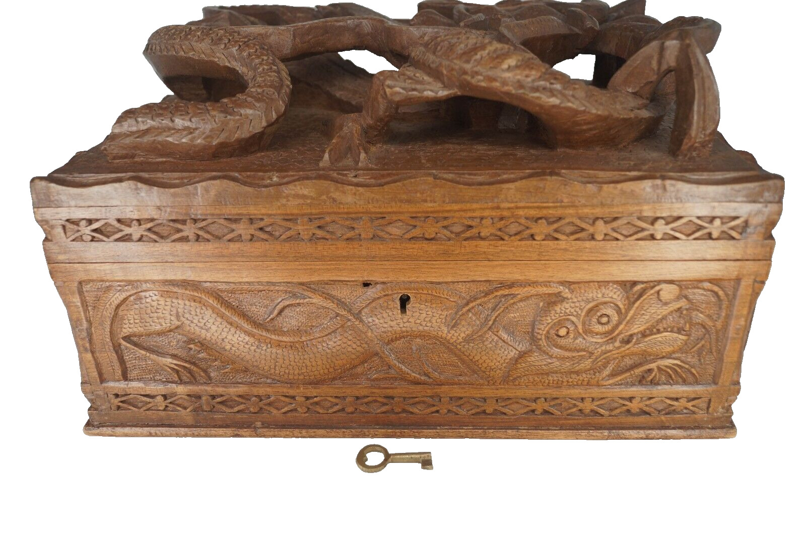Hand Carved Wood Super Deep Relief Intricate Dragon Design Box with Lock & Key