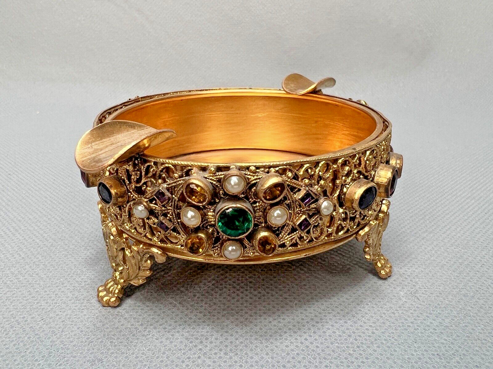 1930s Art deco Bohemian Czech Jeweled Filigree Gild Brass Ashtray w/Rhinestones