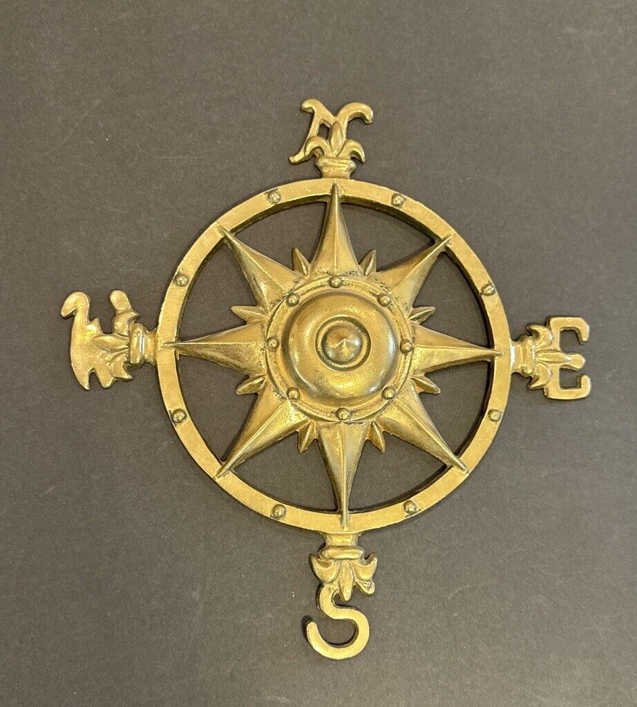 Solid Brass Star Nautical Compass Rose Directional Wall Hanging 11” Vintage