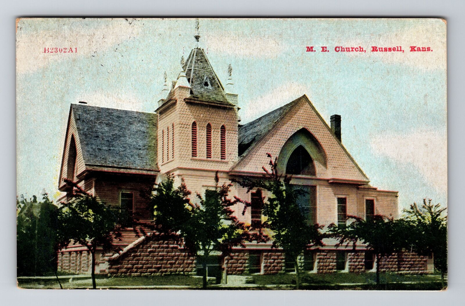 Russell KS-Kansas, Methodist Episcopal Church Vintage Souvenir Postcard