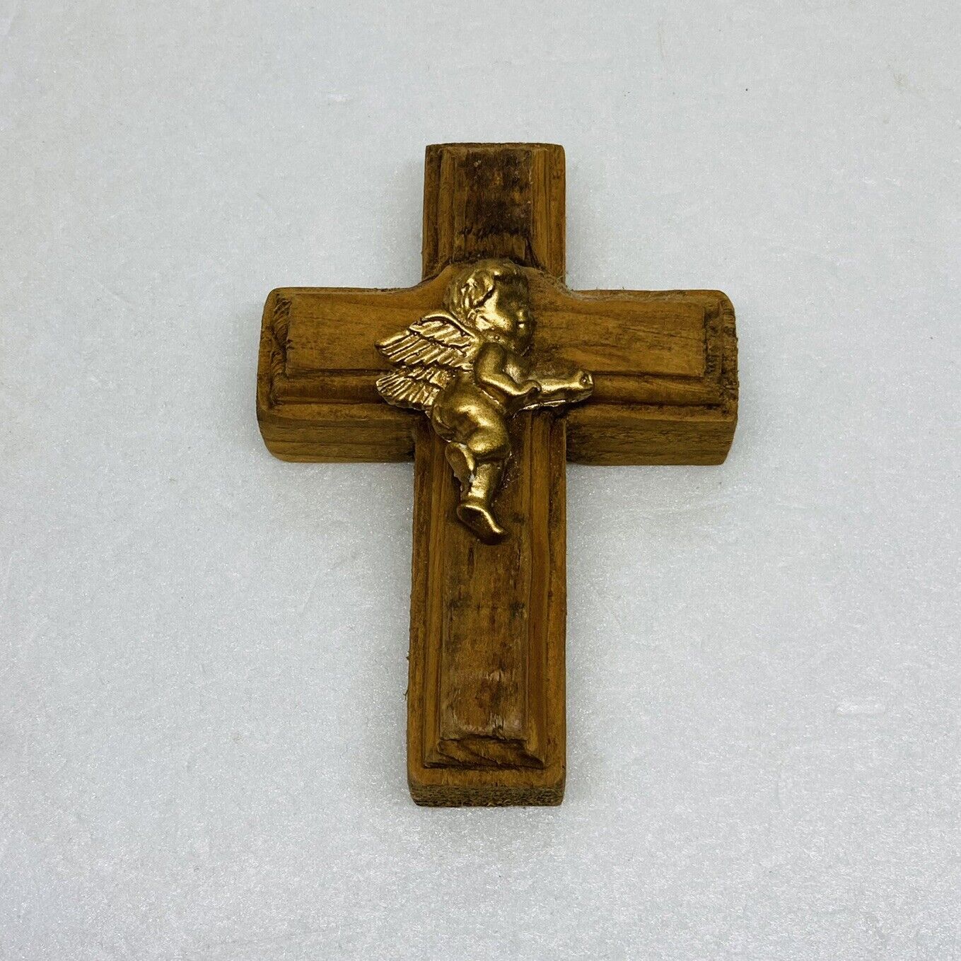 Vintage 1960s Wooden Cross Praying Icon Gold Baby Cherub Angel 4” Art Decor 27