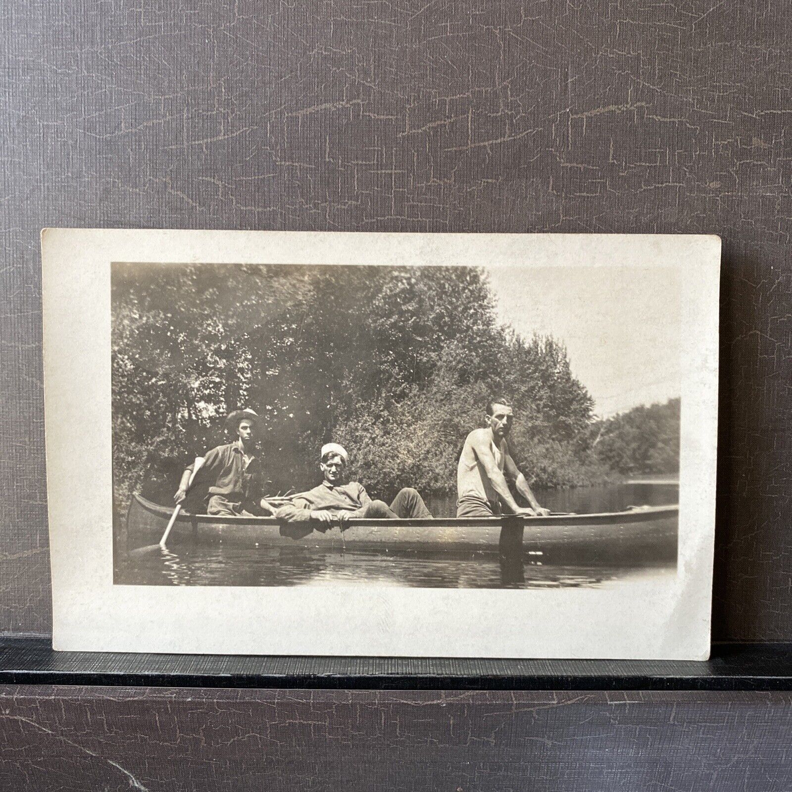 AZO Real Photo of Men Canoeing Canoe RPPC Vintage 1940s Postcard UNP