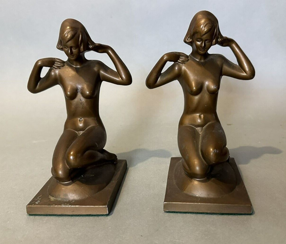 Pair Vintage Frankart Style Art Deco Nouveau Figural Cast Metal Nude Bookends