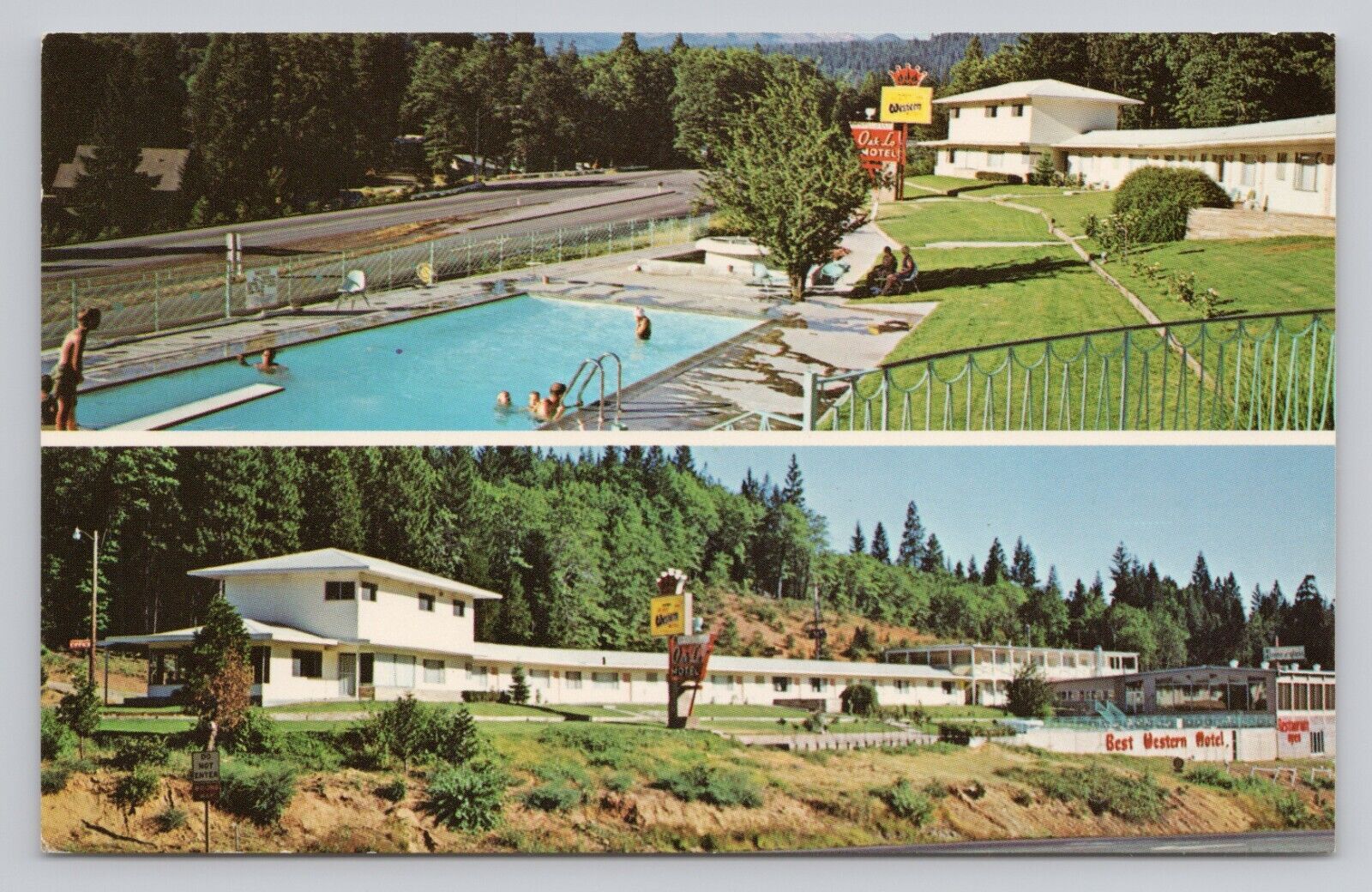 Oak-Lo Motel House of Glass Restaurant Lounge Swimming Pool Dunsmuir CA Postcard
