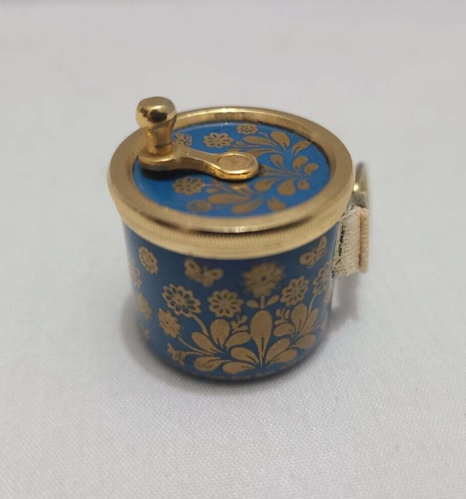 HALCYON DAYS ENAMEL SEWING - BLUE AND GOLD - FLOWERS - TAPE MEASURE