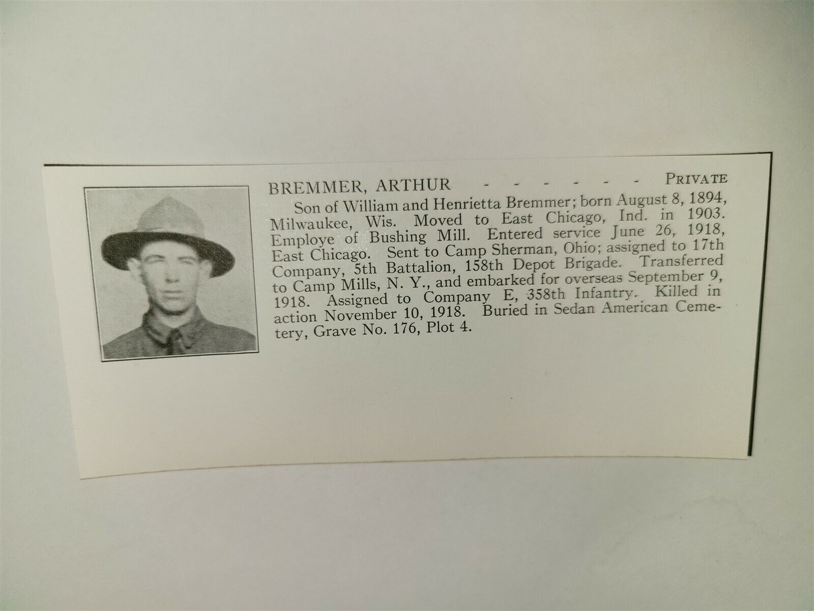 Arthur Bremmer Milwaukee Wisconsin Camp Mills 5th Battalion 1921 WW1 Hero Panel