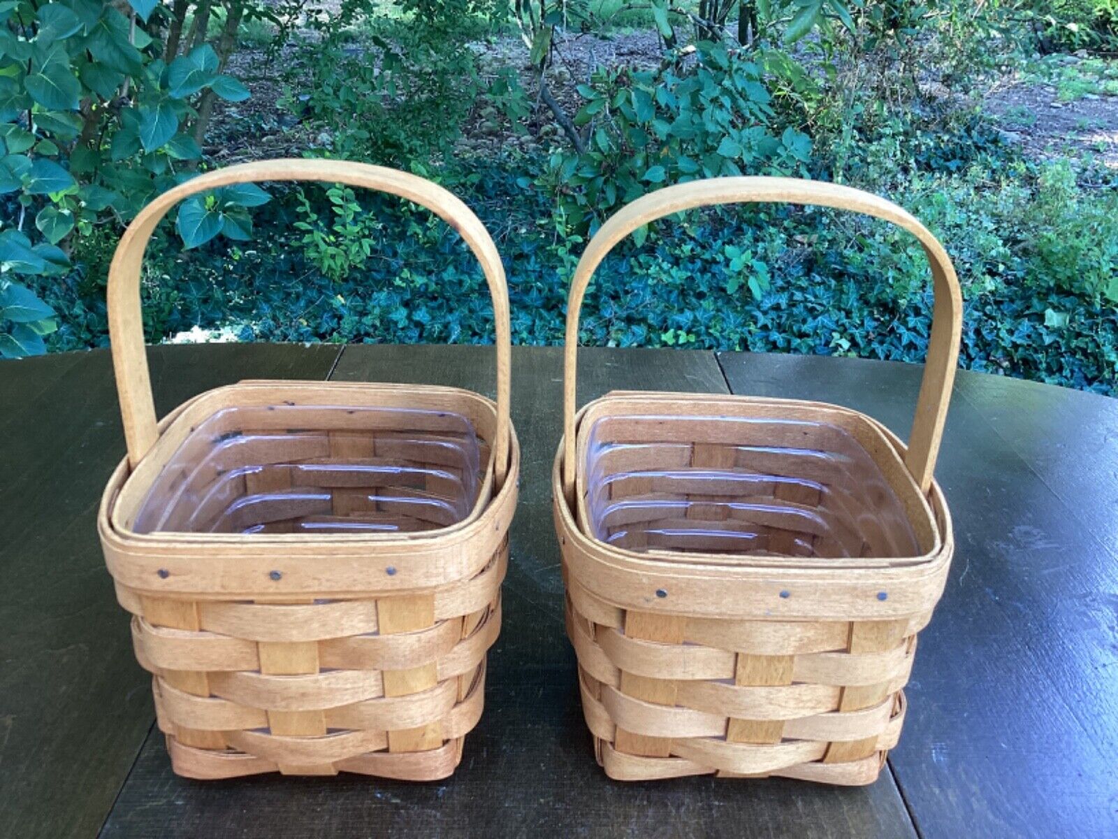 Lot of 2 EUC Longaberger 1995 Small Square Peg Baskets w/fixed Handle & Liners