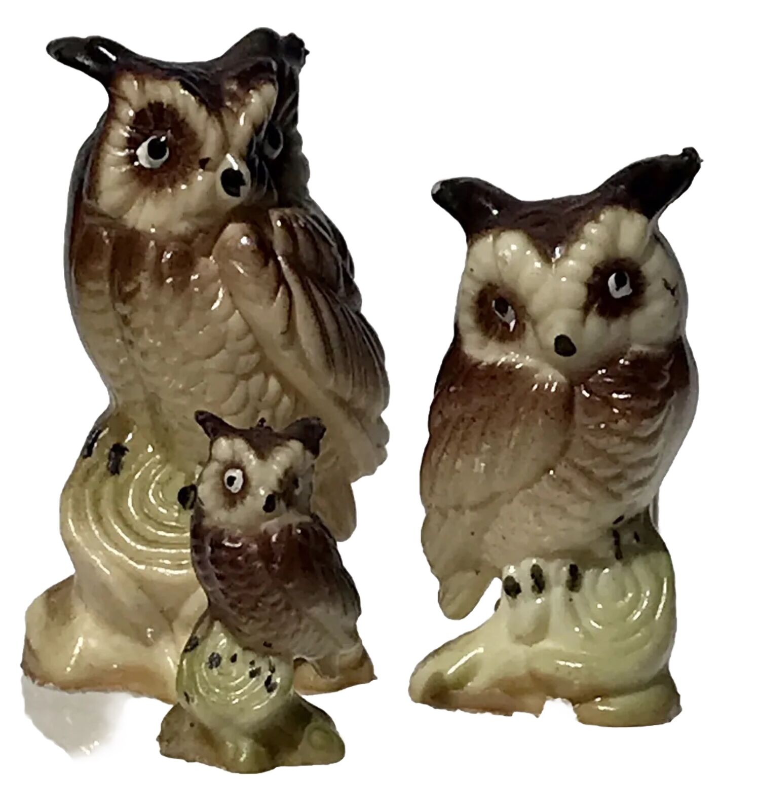Vtg 80s Set Plastic Horned Owl Family 3 Miniature Figurine Woodland Figure Craft