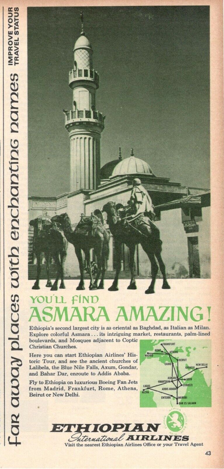 Ethiopian Airlines 1967 1 Page Advertising\' Vintage Asmara Amazing
