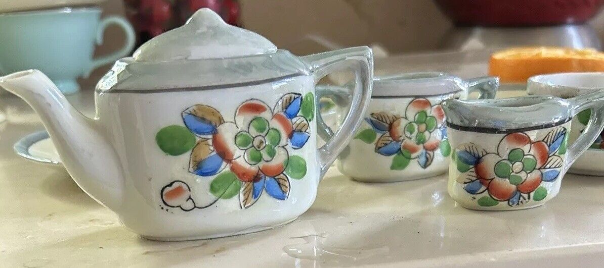 Vintage 40s Floral Lusterware Petite Tea Set, Hand Painted, 13 Pieces Japan