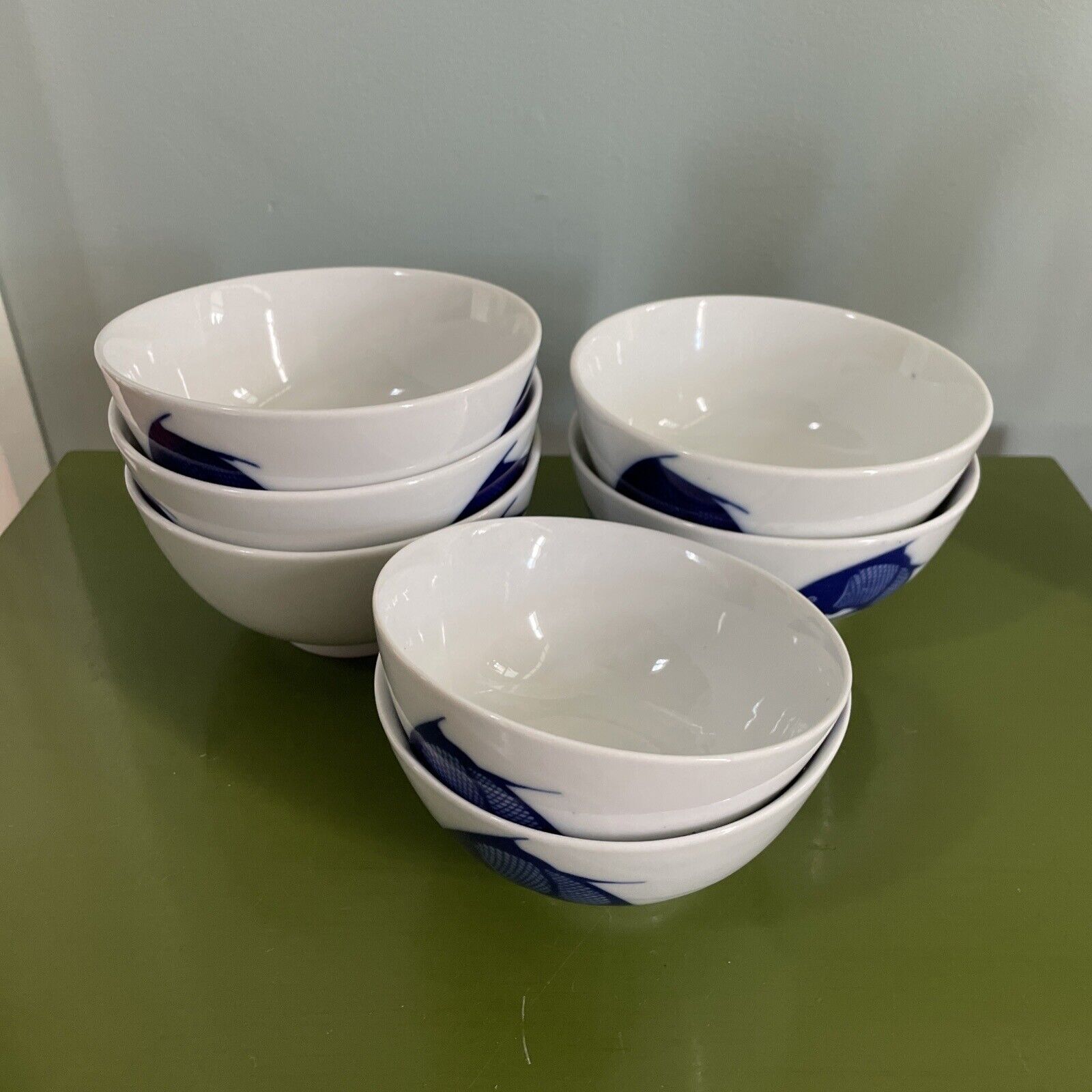 Set 7 Vintage Blue Koi Fish Karp Pattern 5” and 4-1/2” Porcelain Rice Bowls
