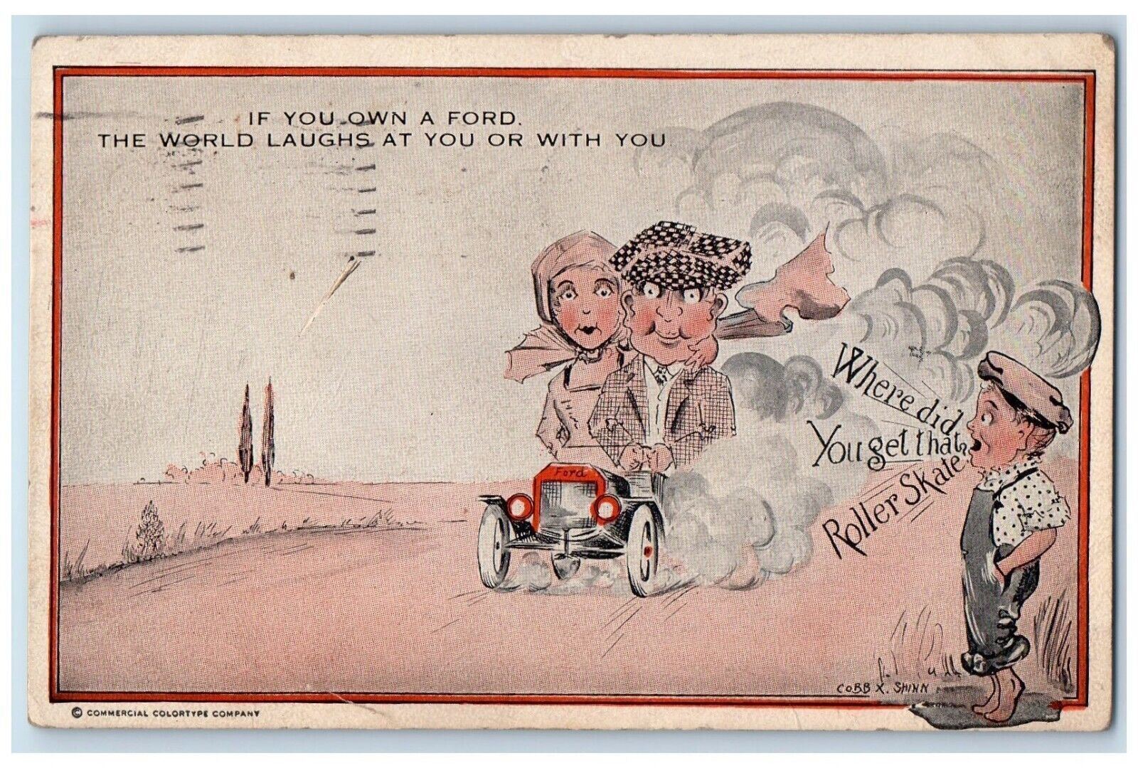 1921 Boy And Girl Driving Roller Skate Anti Ford Marion Ohio OH Vintage Postcard
