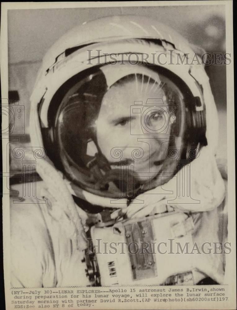 1971 Press Photo Apollo 15 astronaut James B. Irwin preparing for lunar voyage.