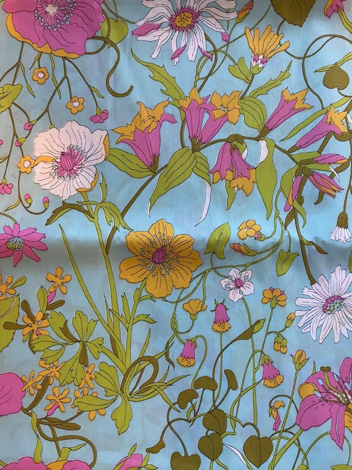 Vintage Floral Fabric Bright Pink Poppies Wildflower Lt Blue Background 44x124”