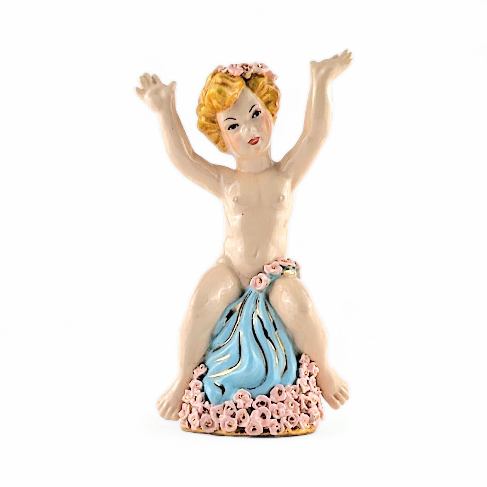 Vintage Porcelain Cherub Figurine Pink Flowers Hand Painted Collectible 8.25\