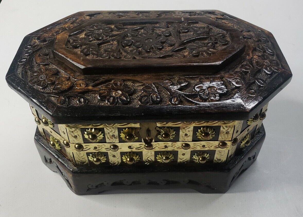 vintage carved wood jewelry box With Mirror metal ordained