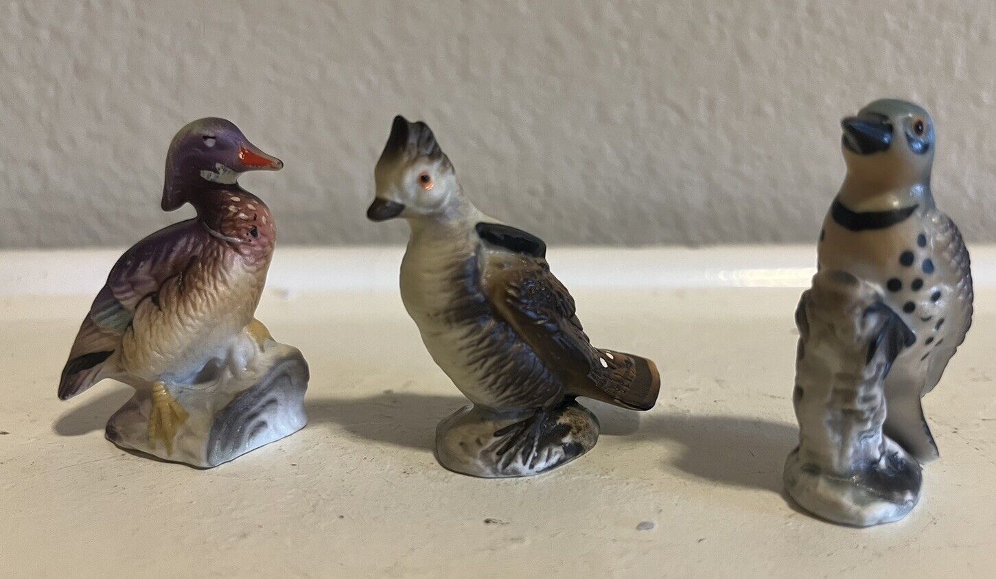 Miniature Vintage Bone China Birds Figurines Wood Duck Japanese Flicker