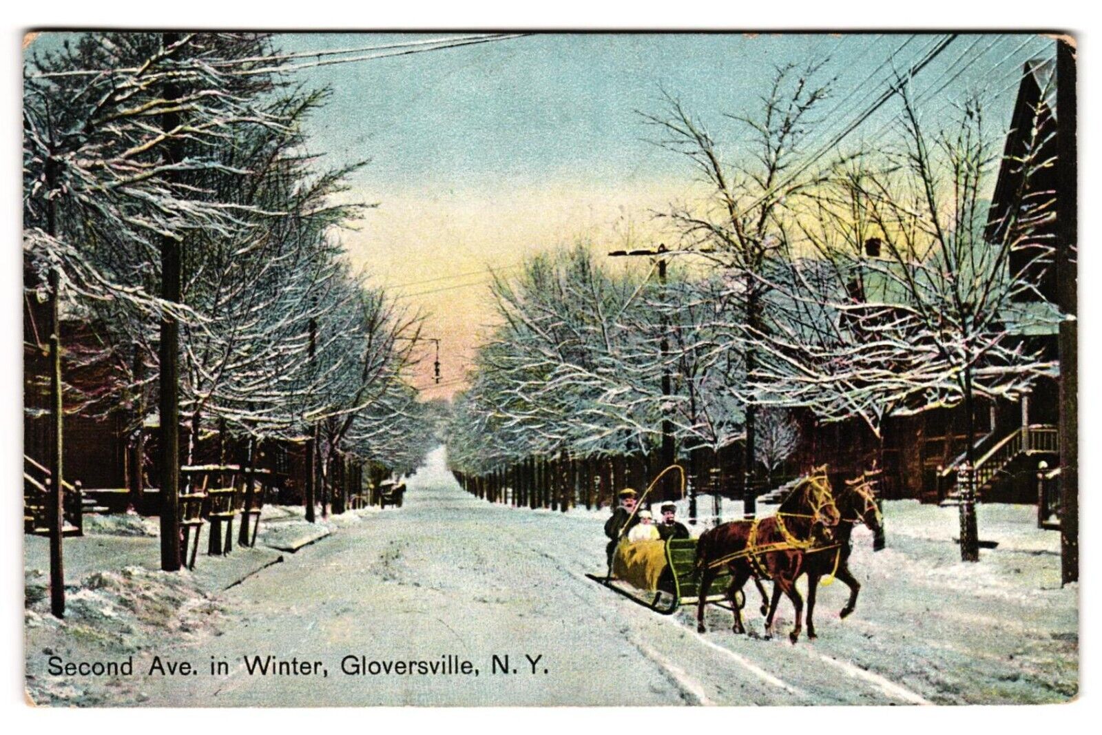 Gloversville NY Second Avenue in Winter Horse Drawn Sleigh c1900s Snow Postcard