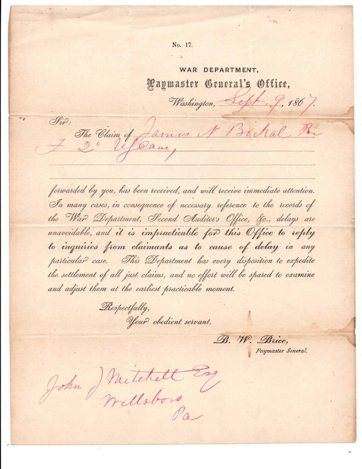 1867 Post Civil War Document War Dept Washington DC James Bickal Claim