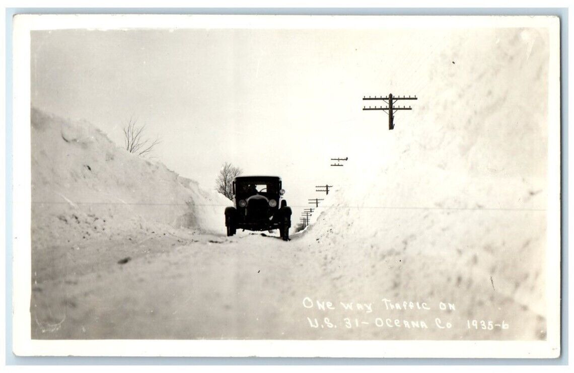 c1935 One Way Traffic Snow Blizzard US 31 Oceana County MI RPPC Photo Postcard